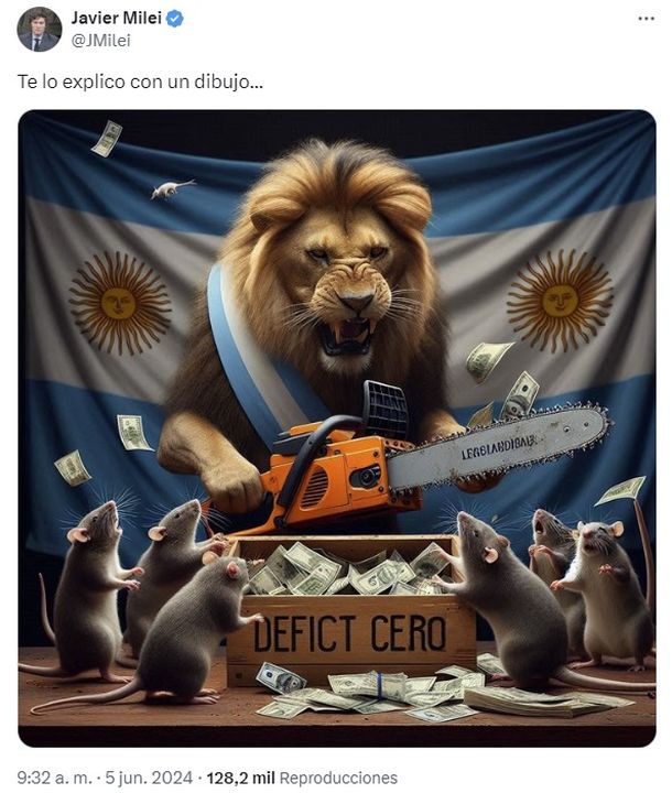 La imagen que publicó el presidente Milei para graficar sus dichos: león, motosierra y ratas robándose dólares