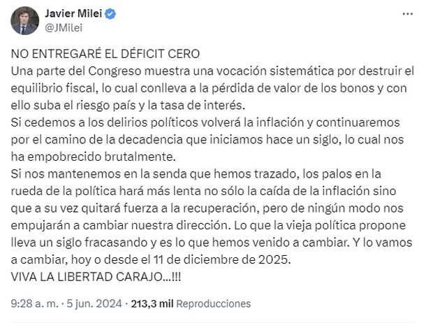 El presidente Javier Milei se expresó contra la casta y advirtió sobre un posible aumento de la inflación